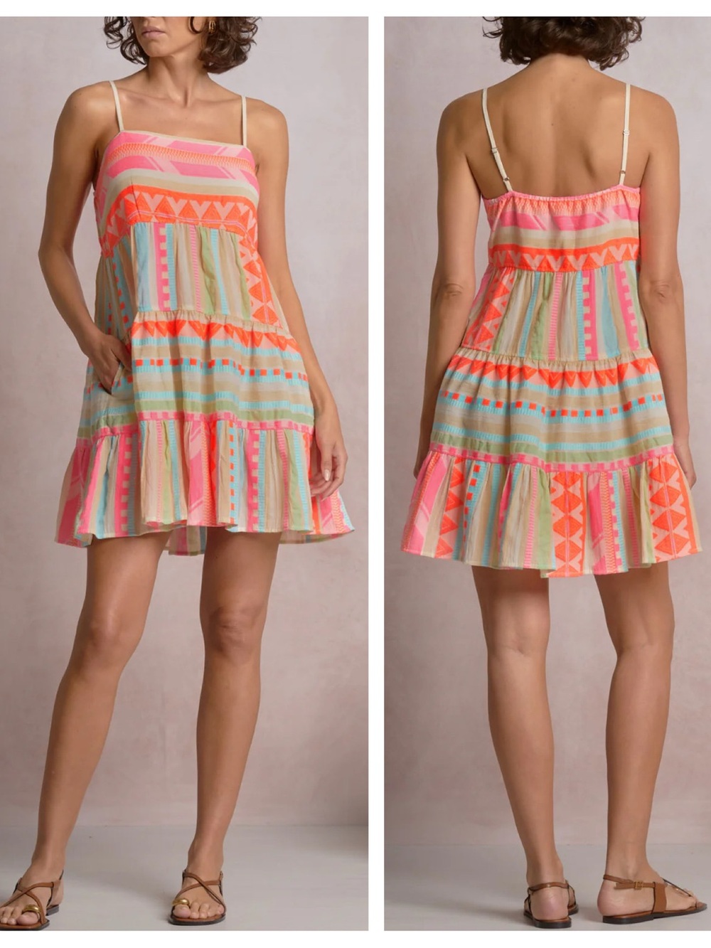 Elan Aztec Strappy Mini Dress Neon AZT XS NWT Multicolor Geometric Sundress